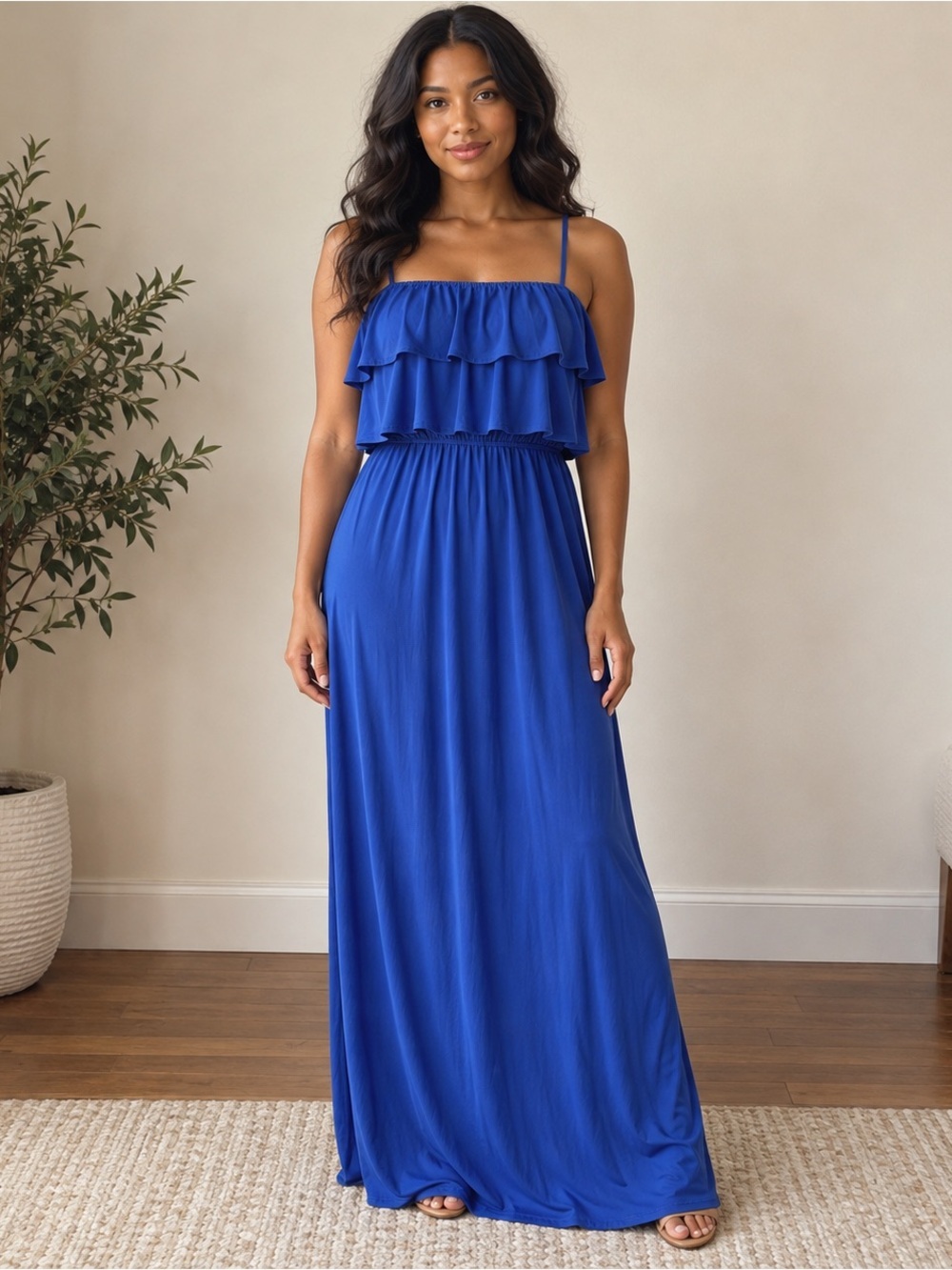 Suzi Chin Royal Blue Ruffle Convertible Strapless Maxi Dress Size 2
